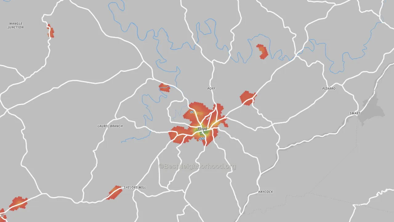 Walk Grade map of 24091, VA, walkable areas in green and car-dependent areas in red
