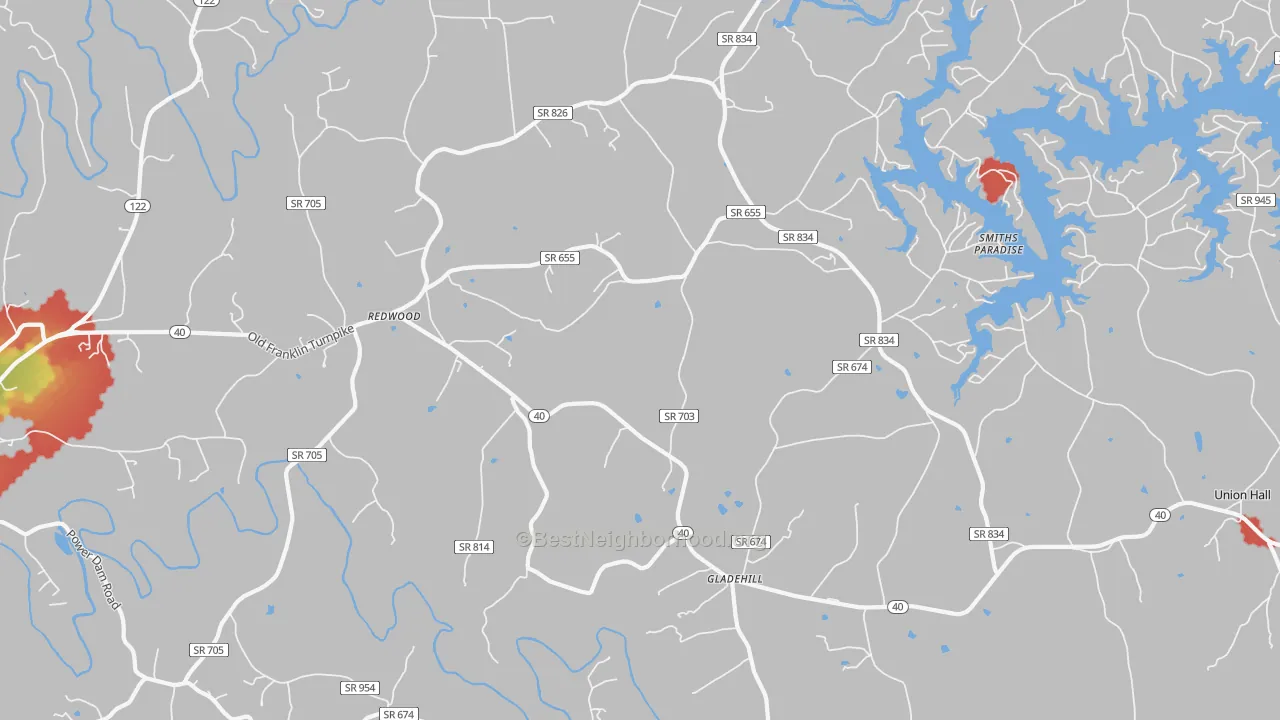 Walk Grade map of 24092, VA, walkable areas in green and car-dependent areas in red