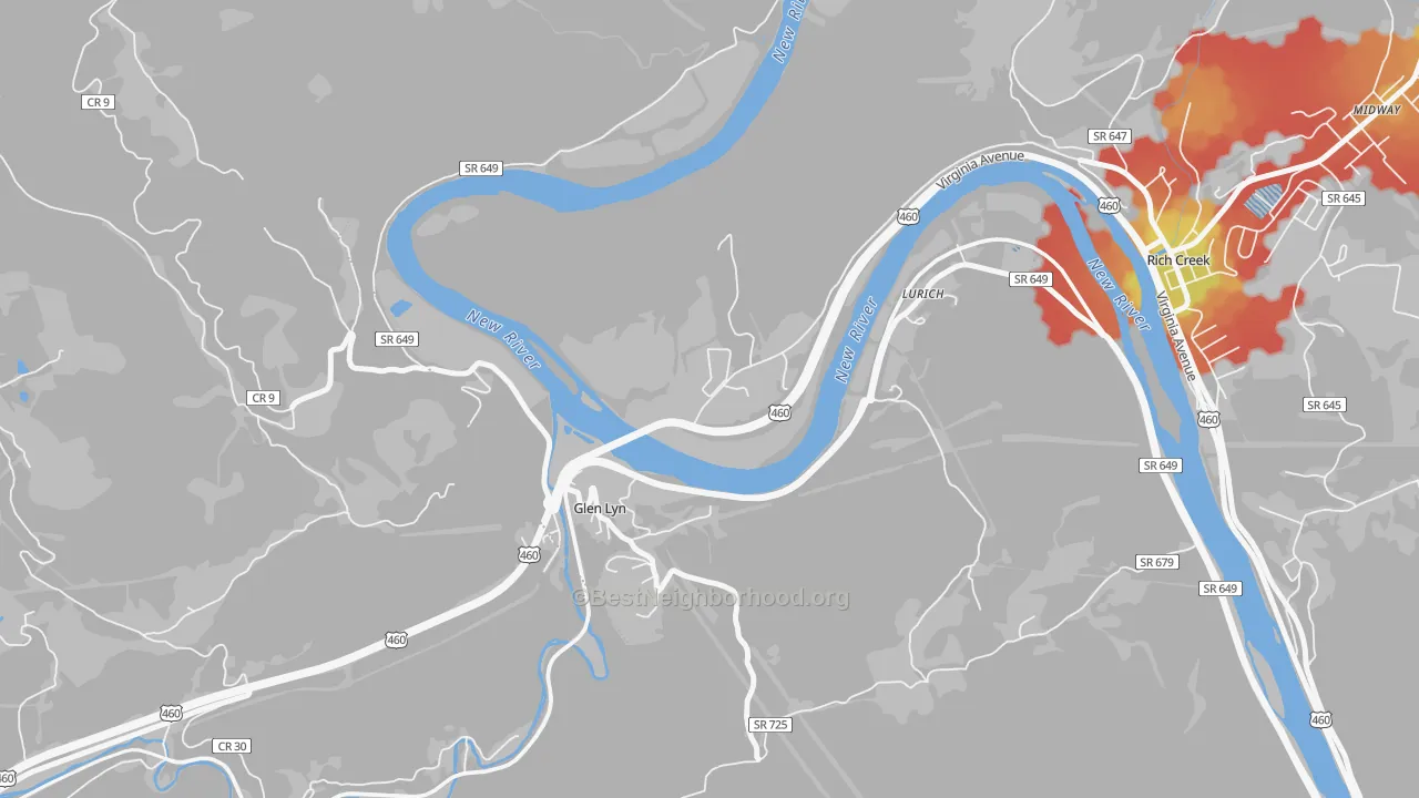 Walk Grade map of 24093, VA, walkable areas in green and car-dependent areas in red