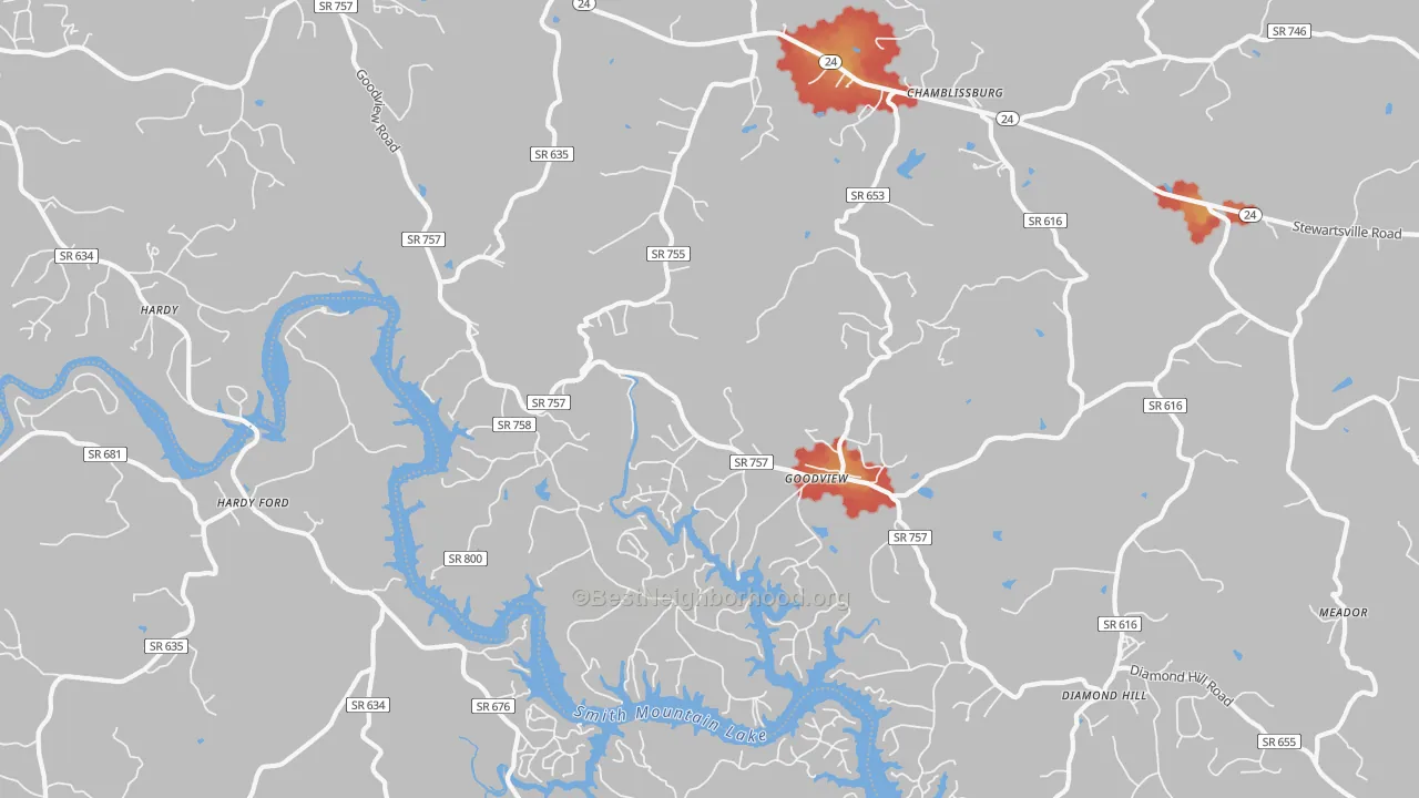 Walk Grade map of 24095, VA, walkable areas in green and car-dependent areas in red