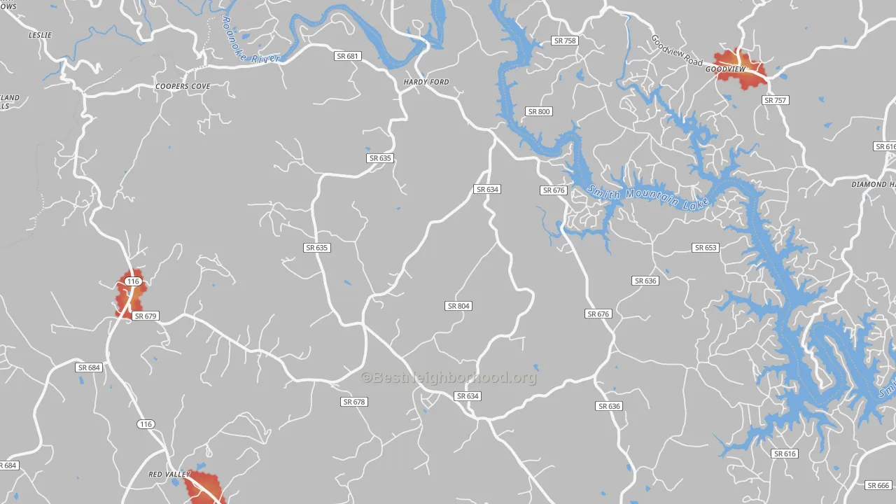 Walk Grade map of 24101, VA, walkable areas in green and car-dependent areas in red