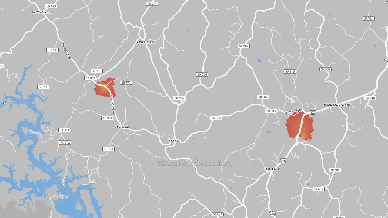 Walk Grade map of 24102, VA, walkable areas in green and car-dependent areas in red