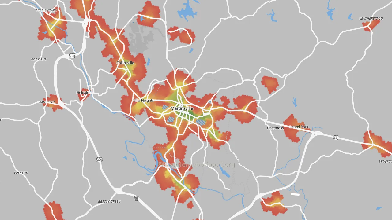 Walk Grade map of 24112, VA, walkable areas in green and car-dependent areas in red