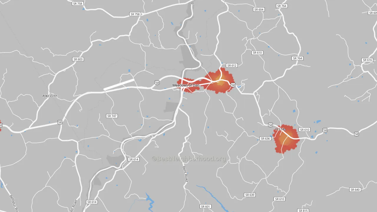 Walk Grade map of 24120, VA, walkable areas in green and car-dependent areas in red