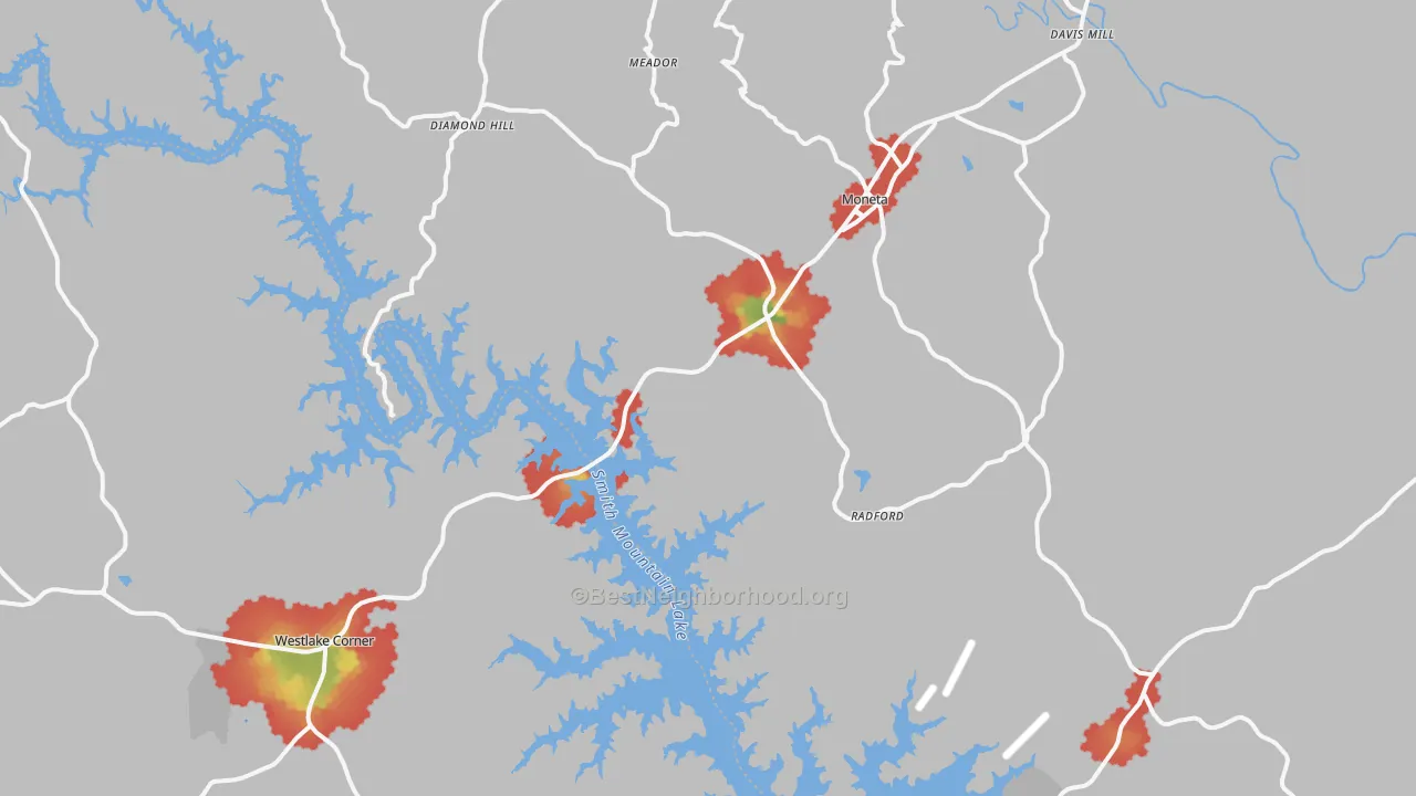 Walk Grade map of 24121, VA, walkable areas in green and car-dependent areas in red