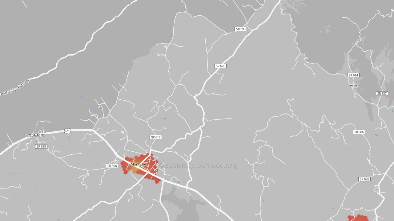 Walk Grade map of 24122, VA, walkable areas in green and car-dependent areas in red