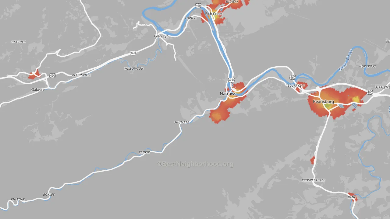 Walk Grade map of 24124, VA, walkable areas in green and car-dependent areas in red