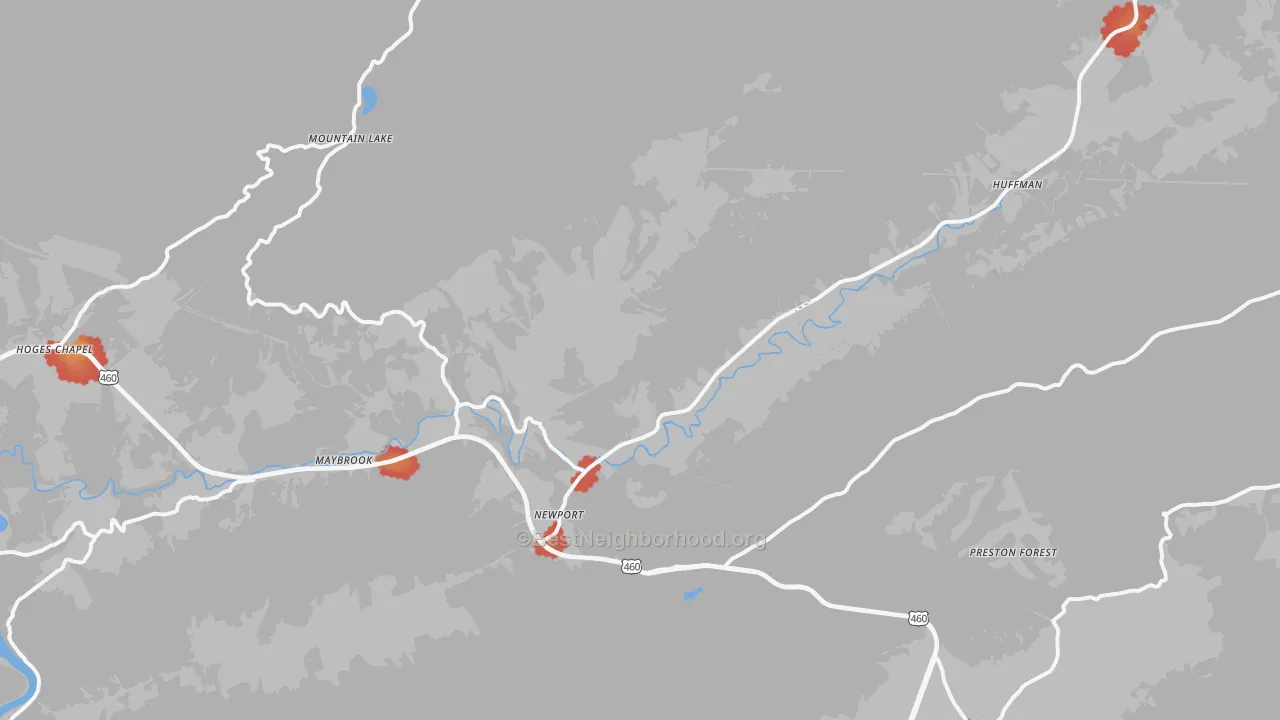 Walk Grade map of 24128, VA, walkable areas in green and car-dependent areas in red