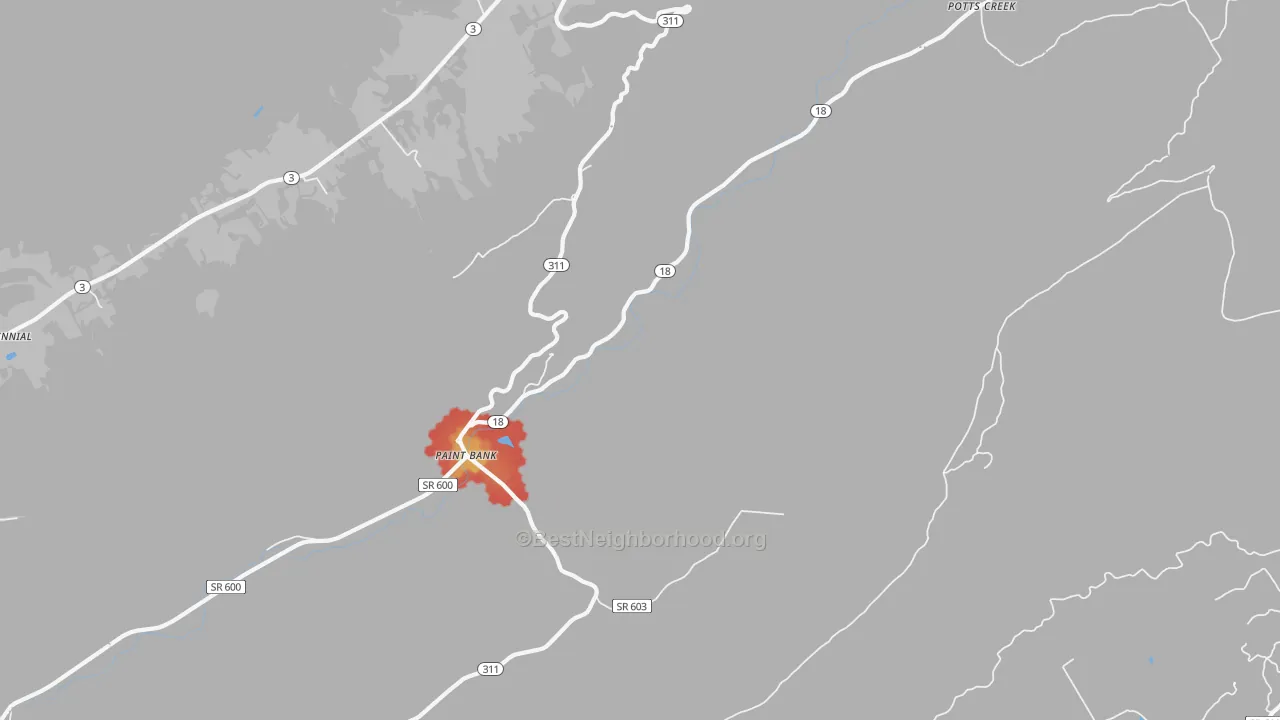 Walk Grade map of 24131, VA, walkable areas in green and car-dependent areas in red