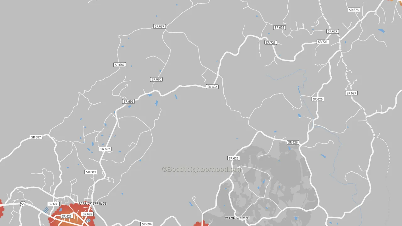 Walk Grade map of 24133, VA, walkable areas in green and car-dependent areas in red