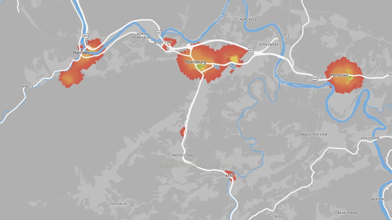 Walk Grade map of 24134, VA, walkable areas in green and car-dependent areas in red