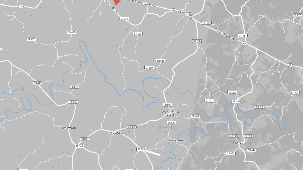 Walk Grade map of 24137, VA, walkable areas in green and car-dependent areas in red