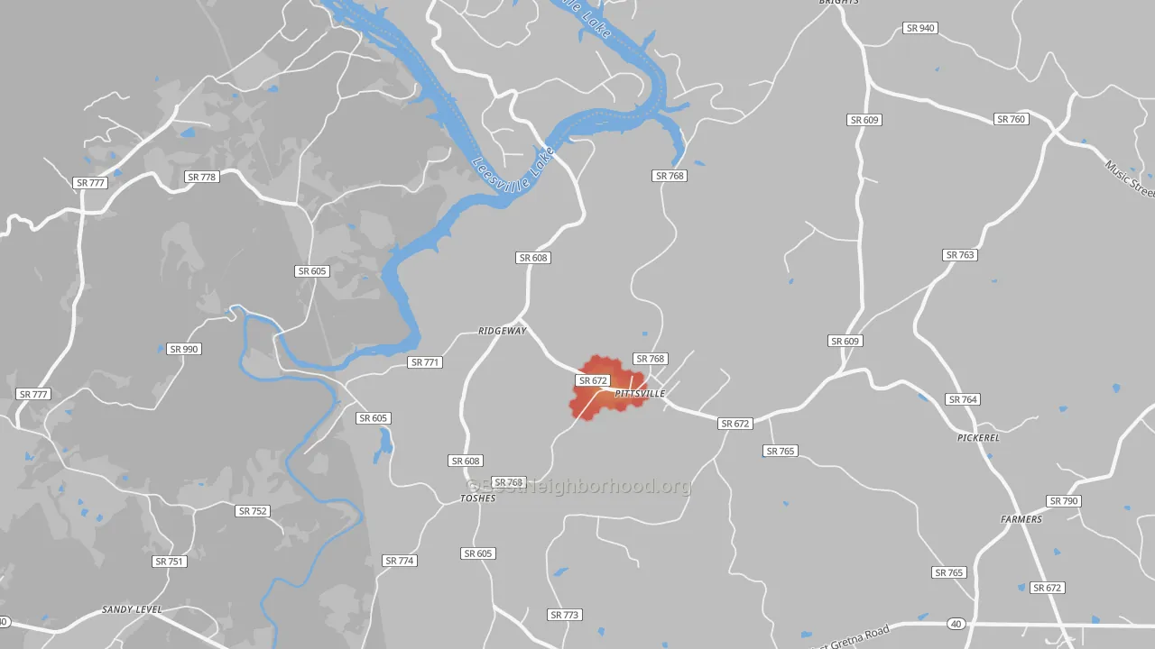 Walk Grade map of 24139, VA, walkable areas in green and car-dependent areas in red