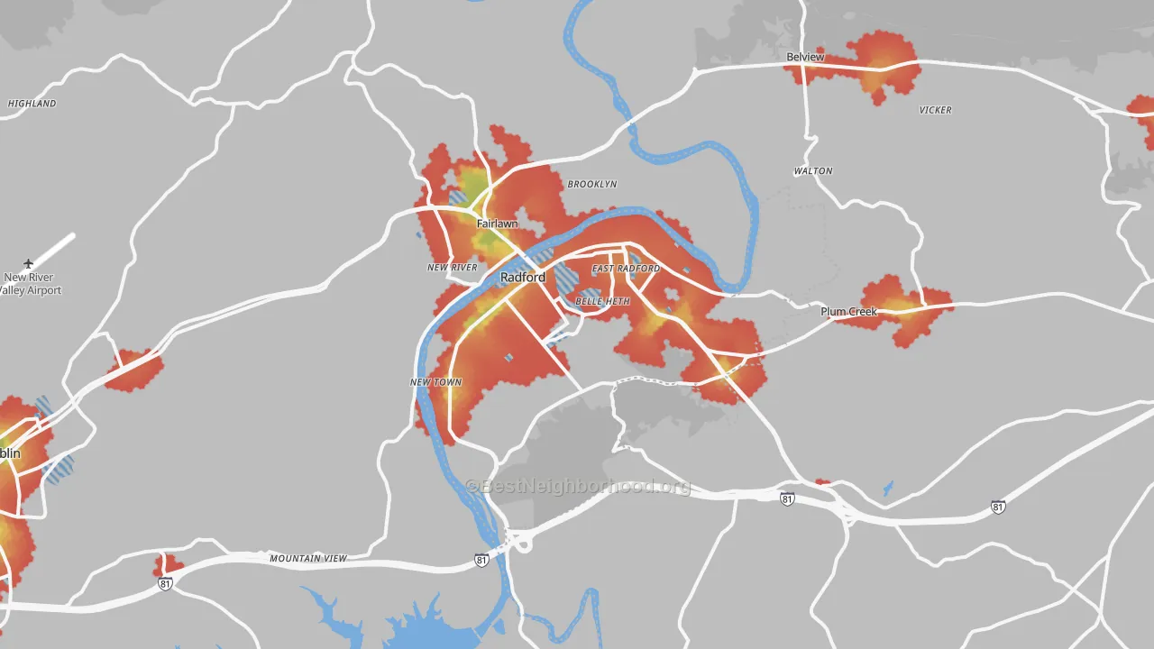 Walk Grade map of 24141, VA, walkable areas in green and car-dependent areas in red