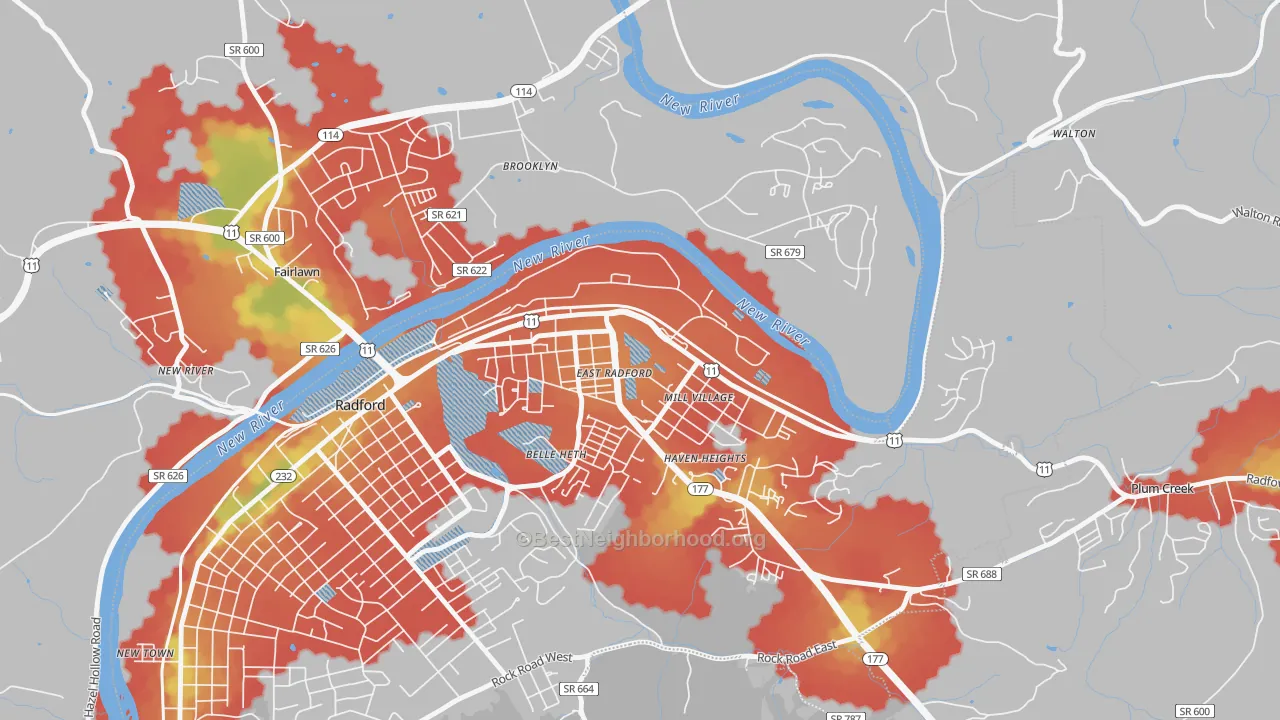 Walk Grade map of 24142, VA, walkable areas in green and car-dependent areas in red