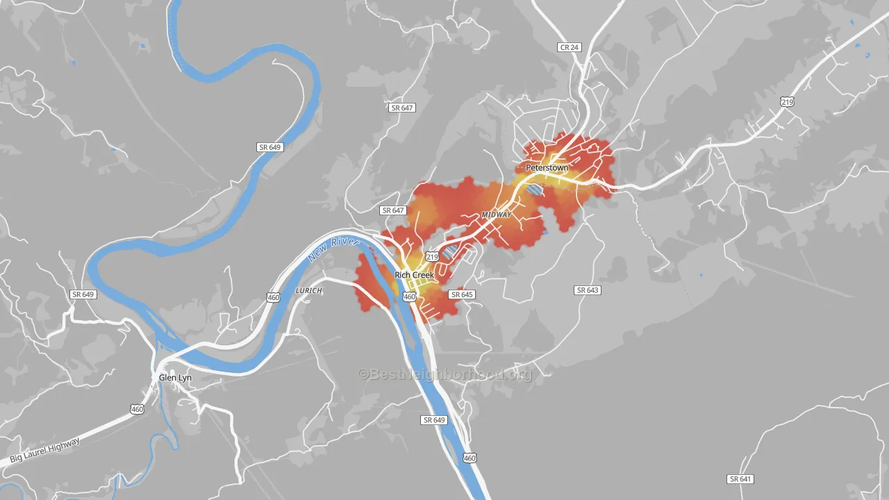 Walk Grade map of 24147, VA, walkable areas in green and car-dependent areas in red