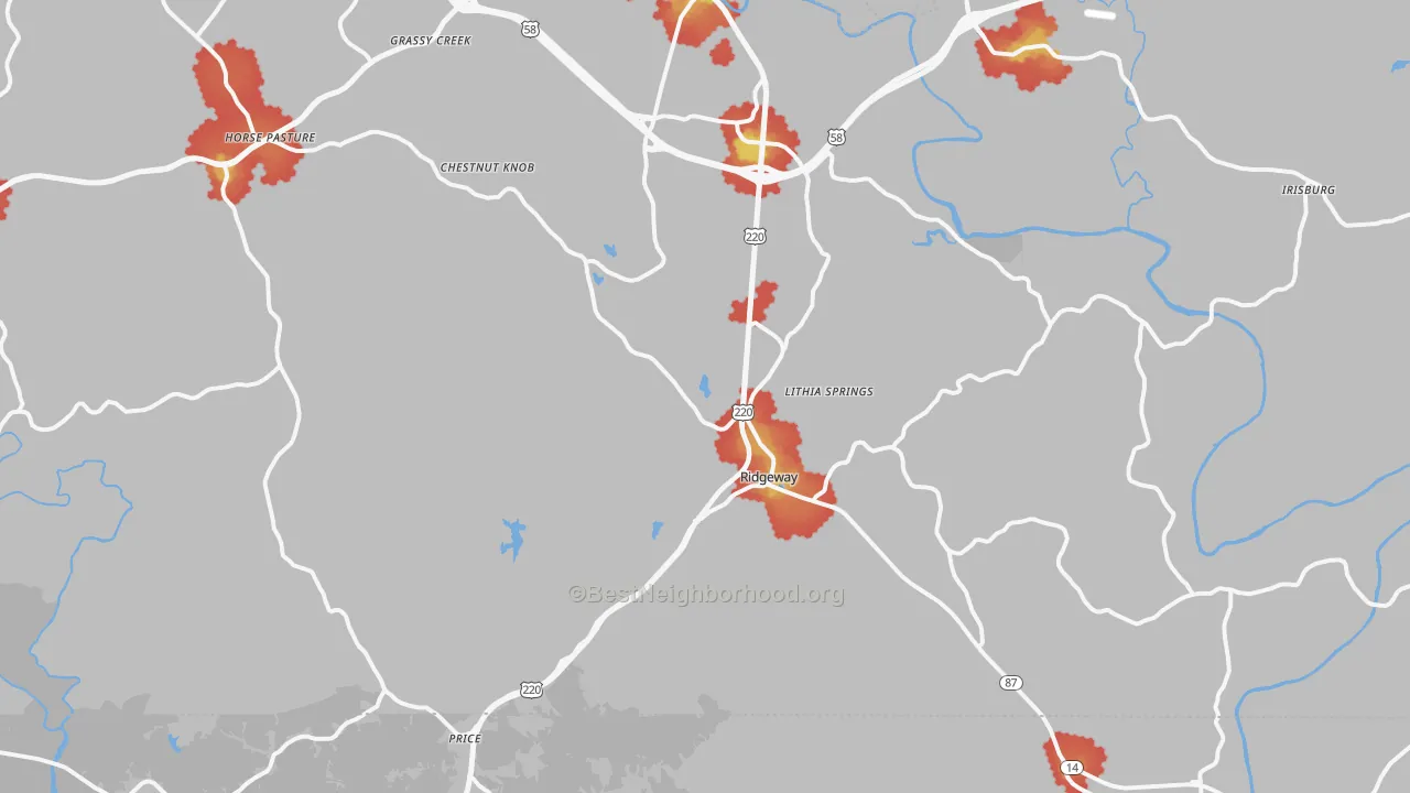 Walk Grade map of 24148, VA, walkable areas in green and car-dependent areas in red