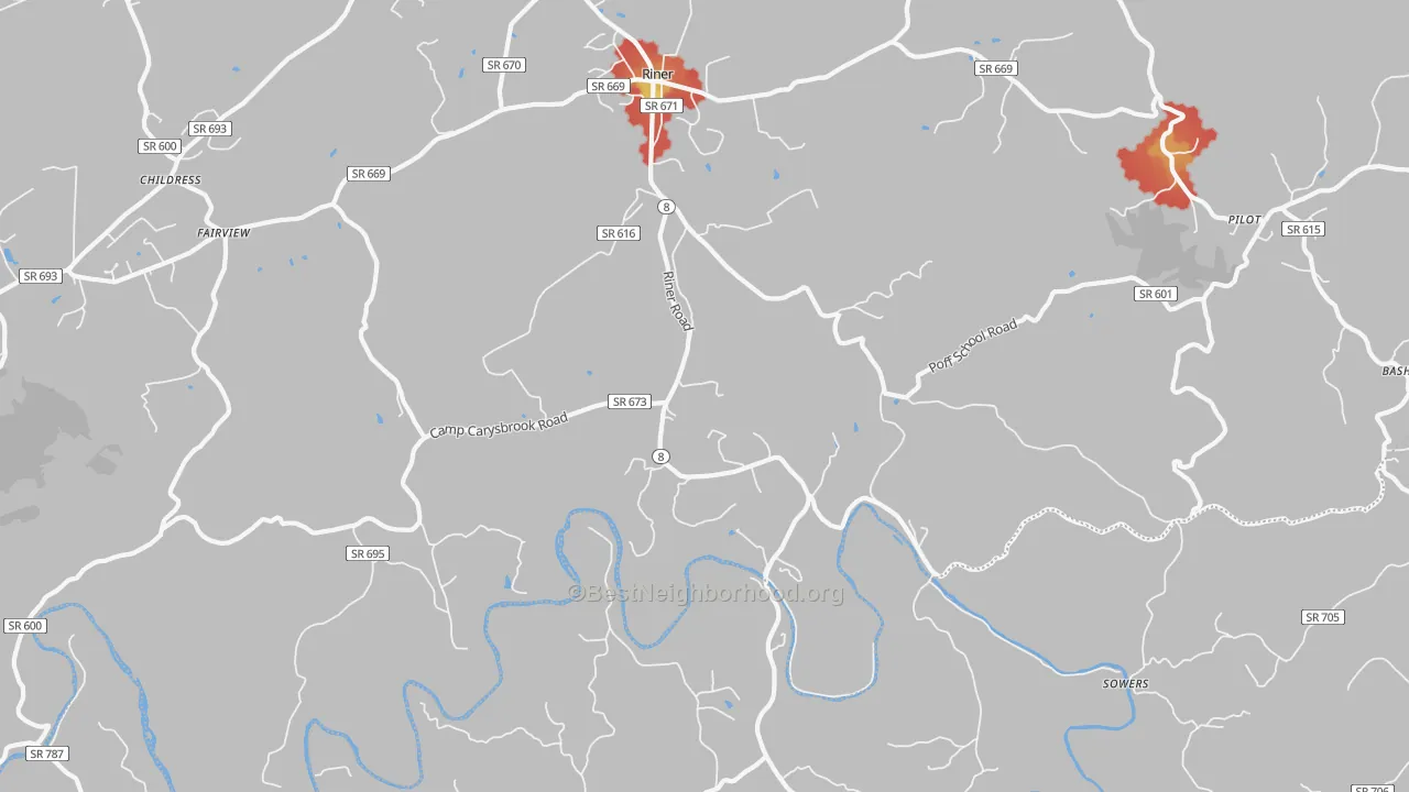 Walk Grade map of 24149, VA, walkable areas in green and car-dependent areas in red