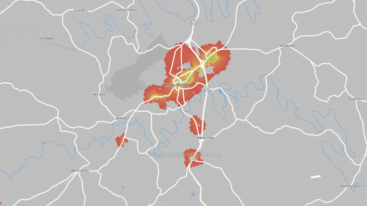 Walk Grade map of 24151, VA, walkable areas in green and car-dependent areas in red