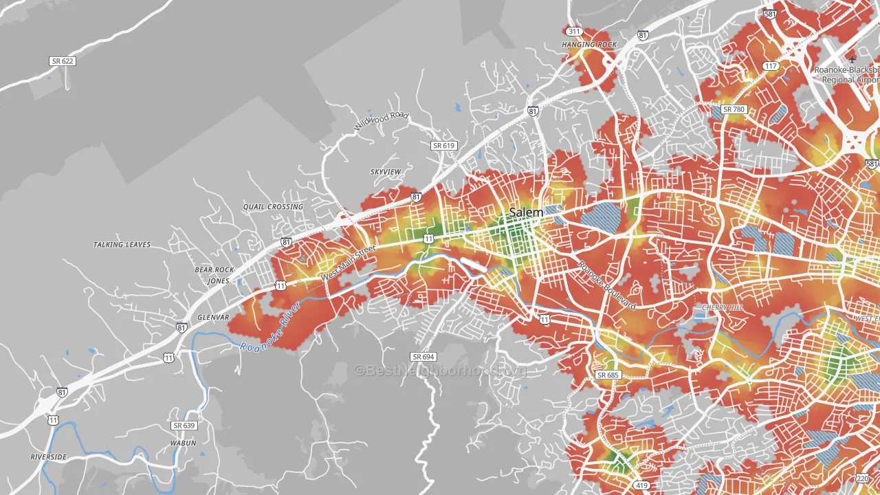 Walk Grade map of 24153, VA, walkable areas in green and car-dependent areas in red