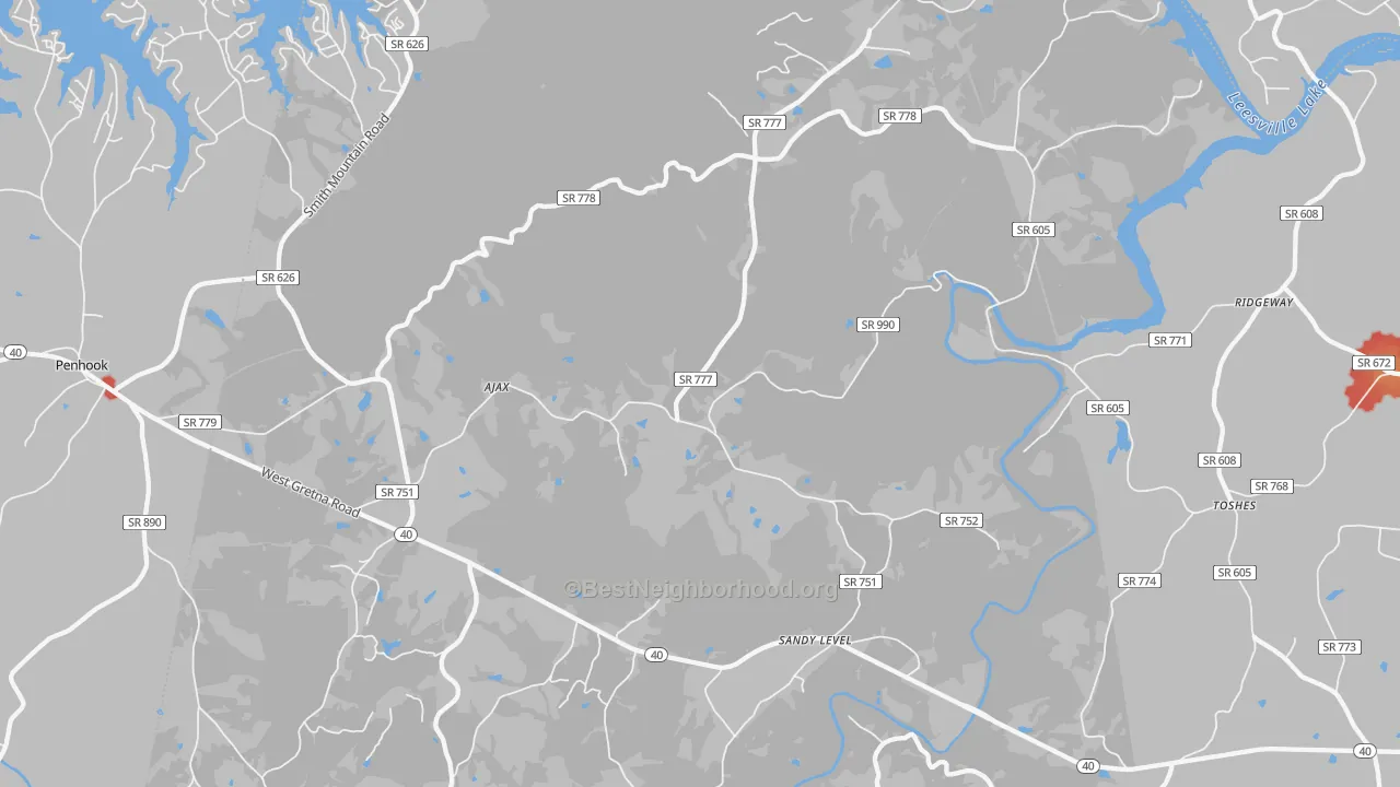 Walk Grade map of 24161, VA, walkable areas in green and car-dependent areas in red