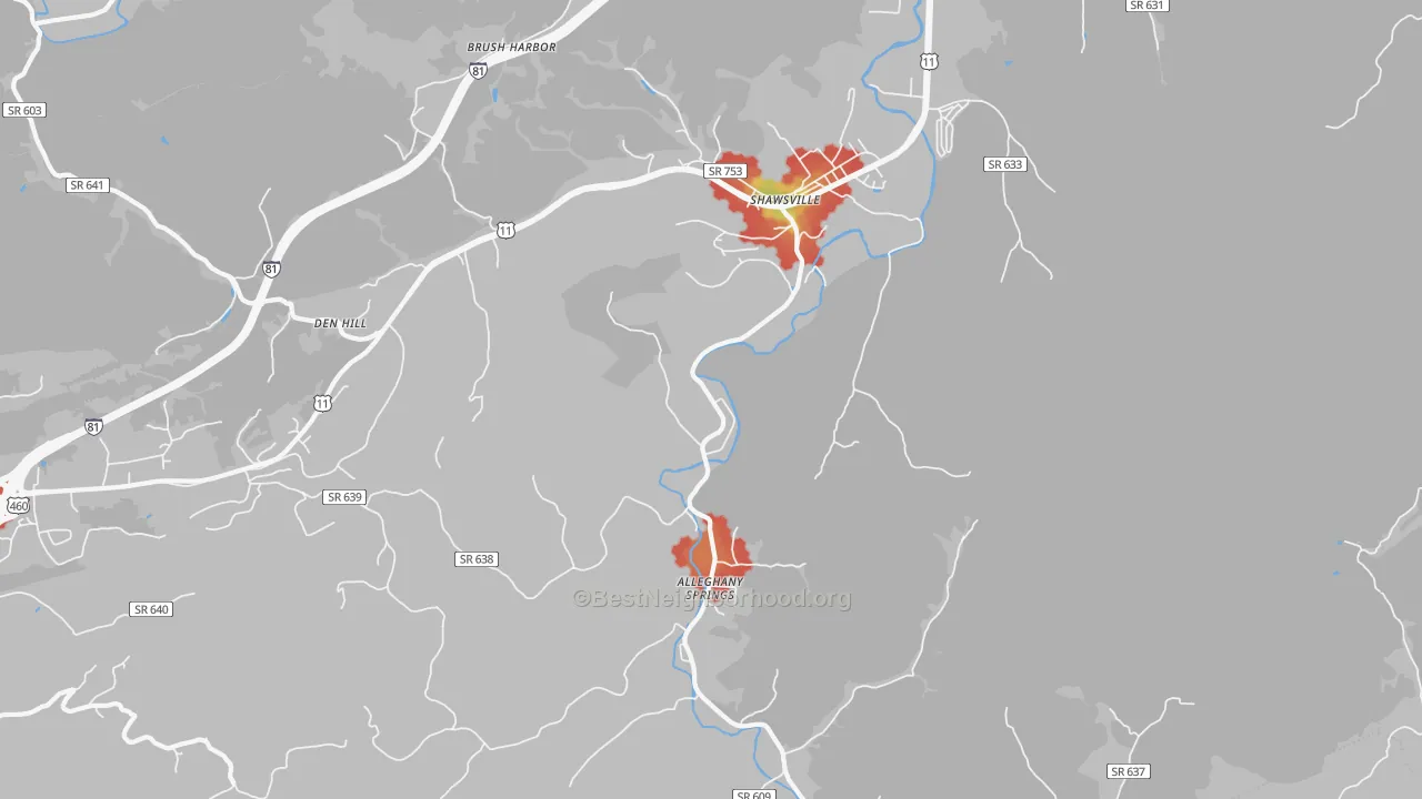 Walk Grade map of 24162, VA, walkable areas in green and car-dependent areas in red