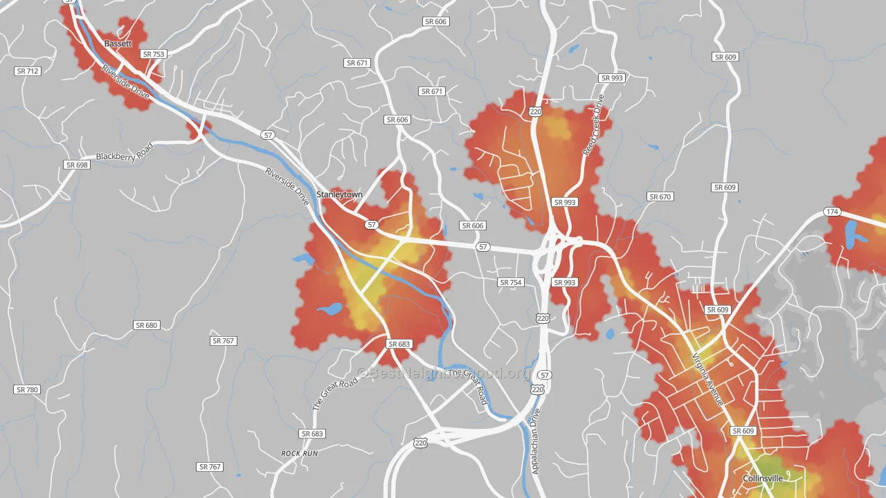 Walk Grade map of 24168, VA, walkable areas in green and car-dependent areas in red