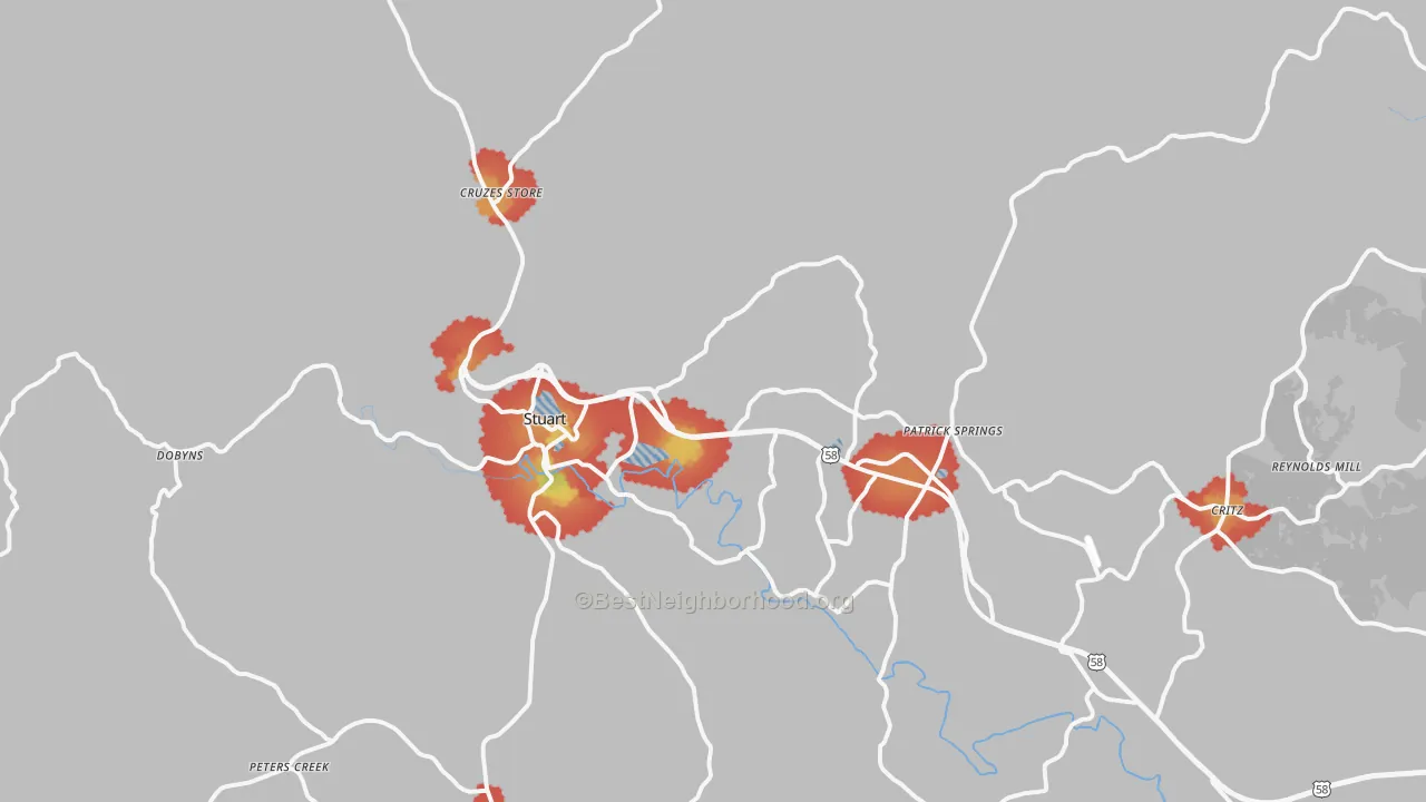 Walk Grade map of 24171, VA, walkable areas in green and car-dependent areas in red