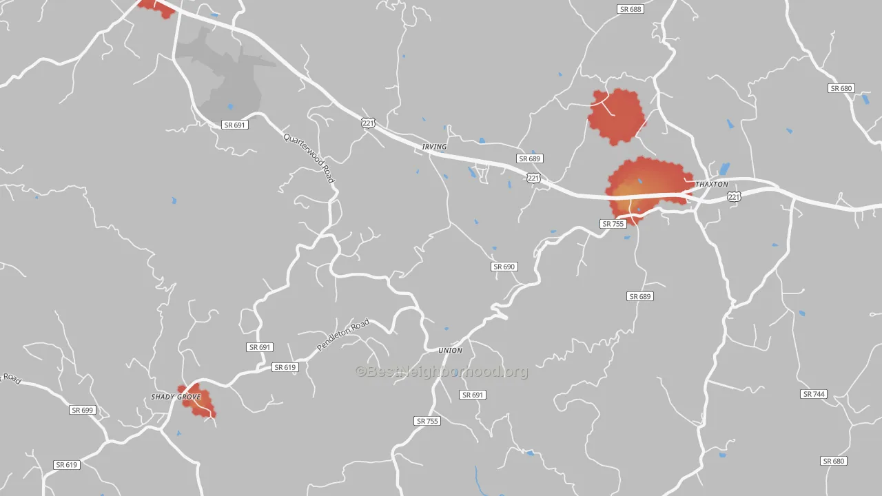 Walk Grade map of 24174, VA, walkable areas in green and car-dependent areas in red