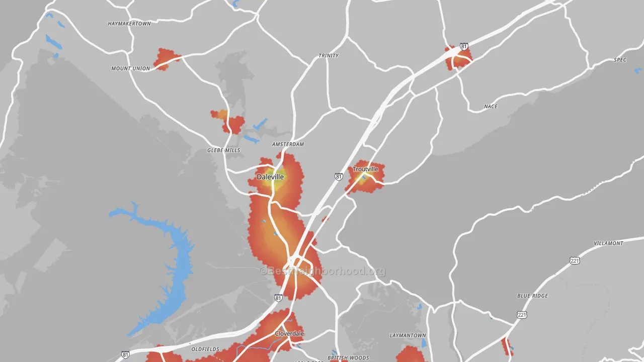 Walk Grade map of 24175, VA, walkable areas in green and car-dependent areas in red