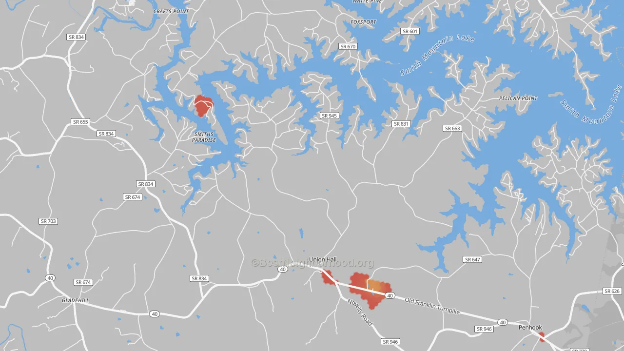 Walk Grade map of 24176, VA, walkable areas in green and car-dependent areas in red