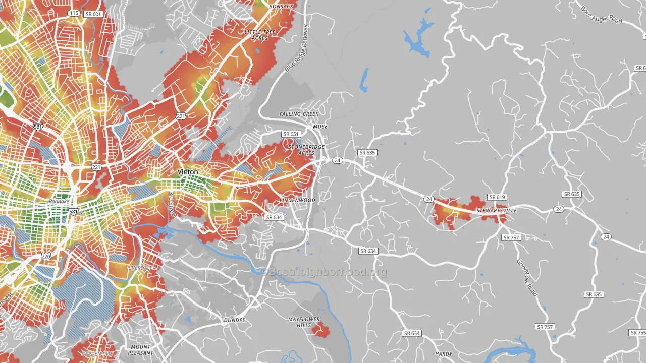 Walk Grade map of 24179, VA, walkable areas in green and car-dependent areas in red