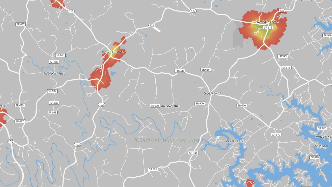 Walk Grade map of 24184, VA, walkable areas in green and car-dependent areas in red
