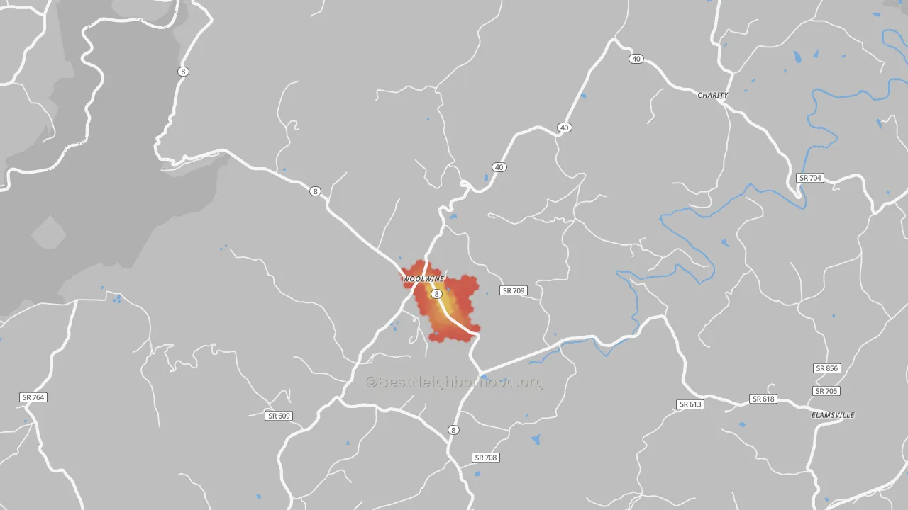 Walk Grade map of 24185, VA, walkable areas in green and car-dependent areas in red