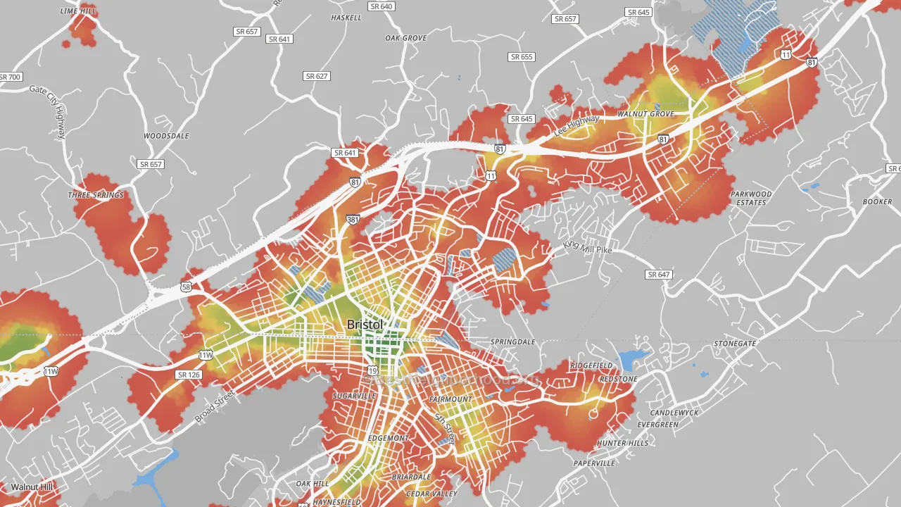 Walk Grade map of 24201, VA, walkable areas in green and car-dependent areas in red