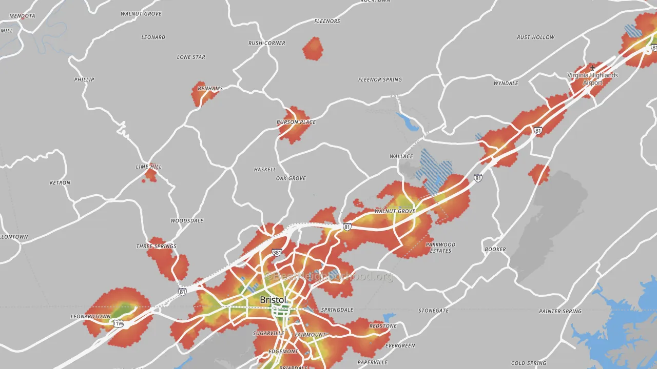 Walk Grade map of 24202, VA, walkable areas in green and car-dependent areas in red