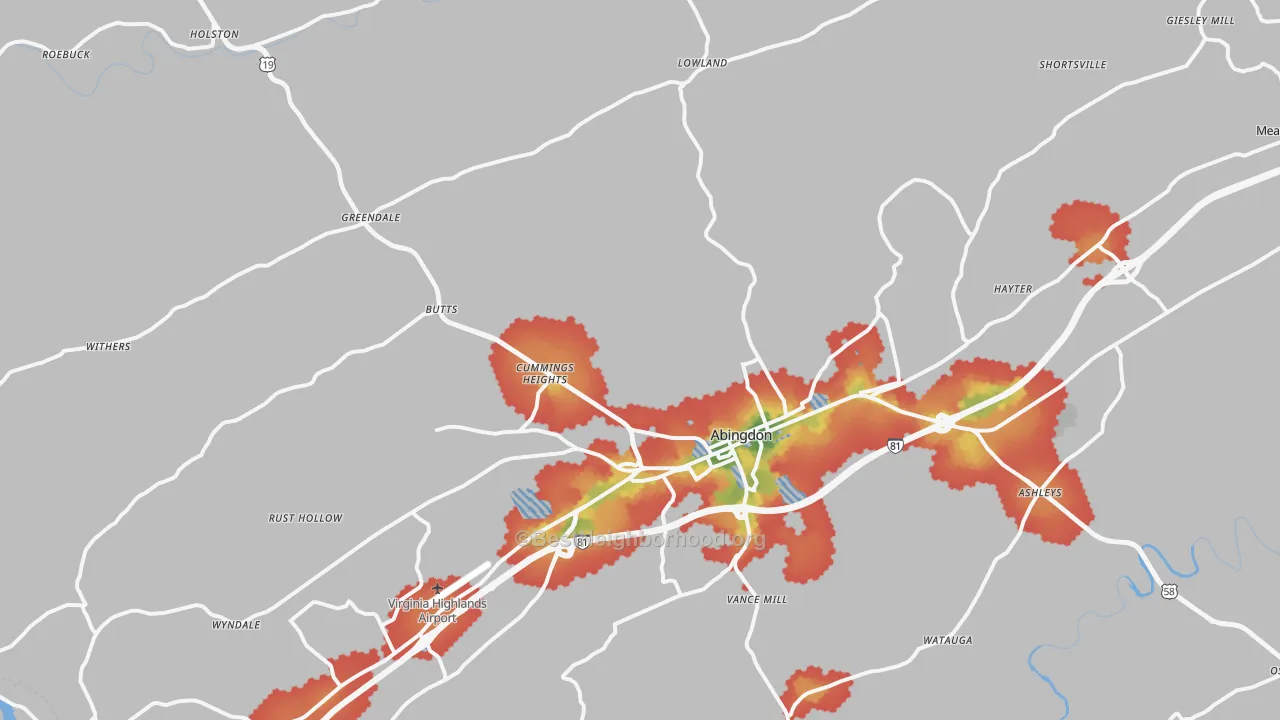 Walk Grade map of 24210, VA, walkable areas in green and car-dependent areas in red