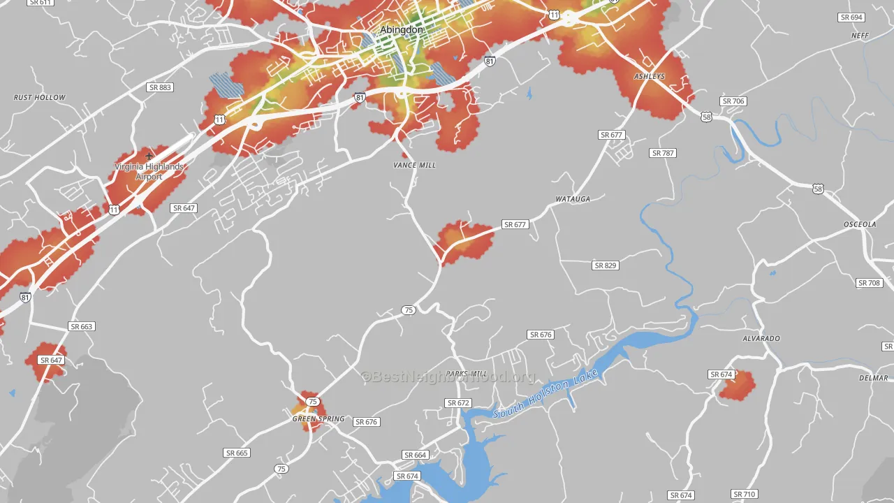 Walk Grade map of 24211, VA, walkable areas in green and car-dependent areas in red