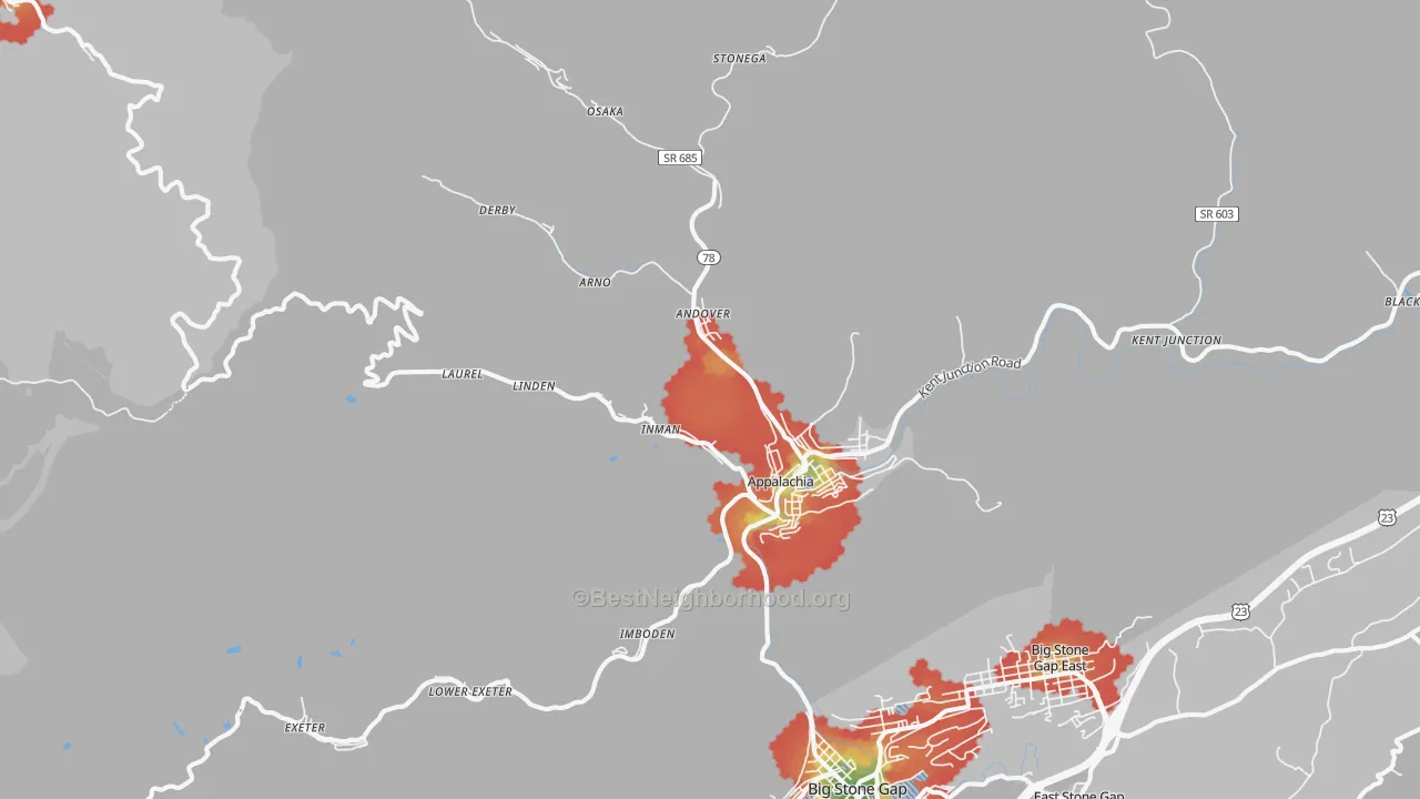 Walk Grade map of 24216, VA, walkable areas in green and car-dependent areas in red