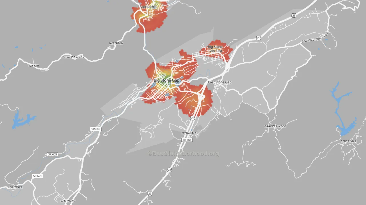 Walk Grade map of 24219, VA, walkable areas in green and car-dependent areas in red