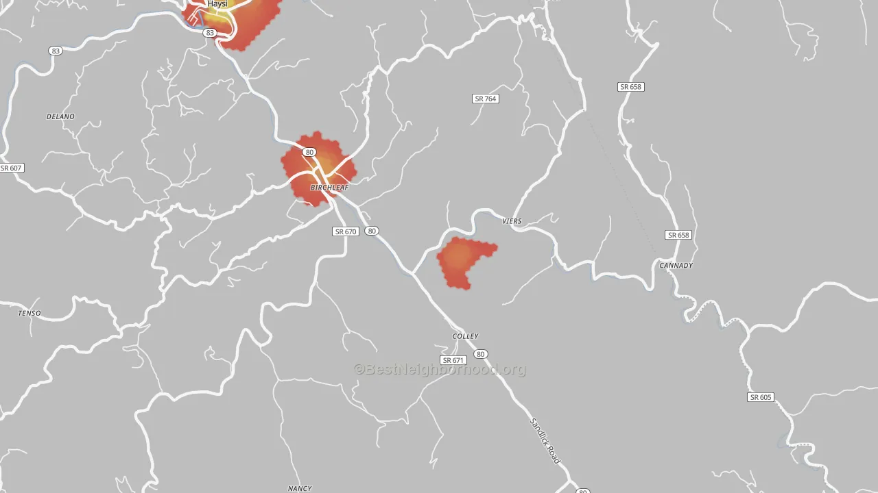 Walk Grade map of 24220, VA, walkable areas in green and car-dependent areas in red