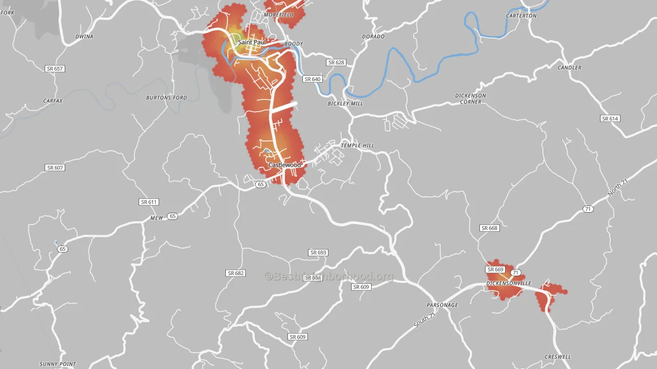 Walk Grade map of 24224, VA, walkable areas in green and car-dependent areas in red