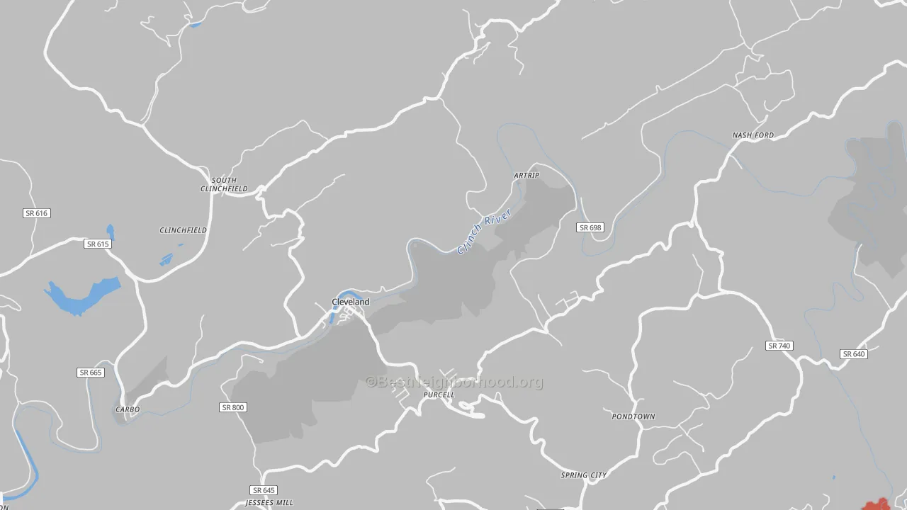 Walk Grade map of 24225, VA, walkable areas in green and car-dependent areas in red