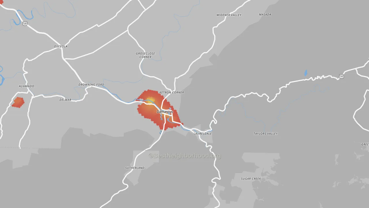 Walk Grade map of 24236, VA, walkable areas in green and car-dependent areas in red