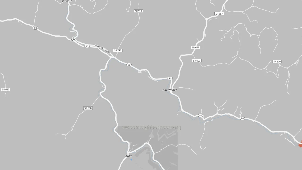 Walk Grade map of 24239, VA, walkable areas in green and car-dependent areas in red