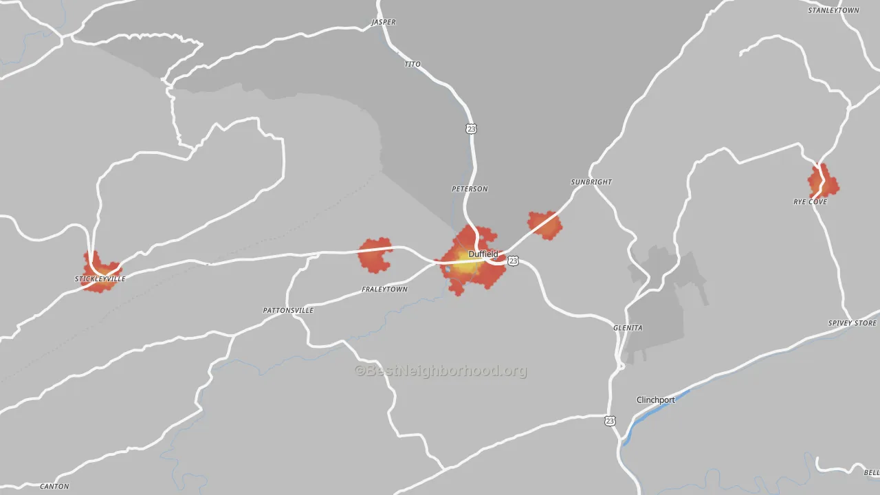 Walk Grade map of 24244, VA, walkable areas in green and car-dependent areas in red