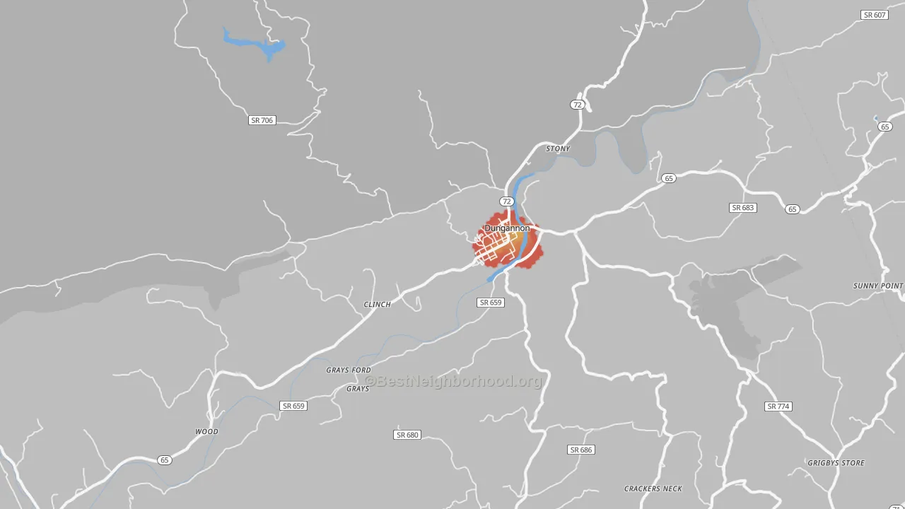 Walk Grade map of 24245, VA, walkable areas in green and car-dependent areas in red