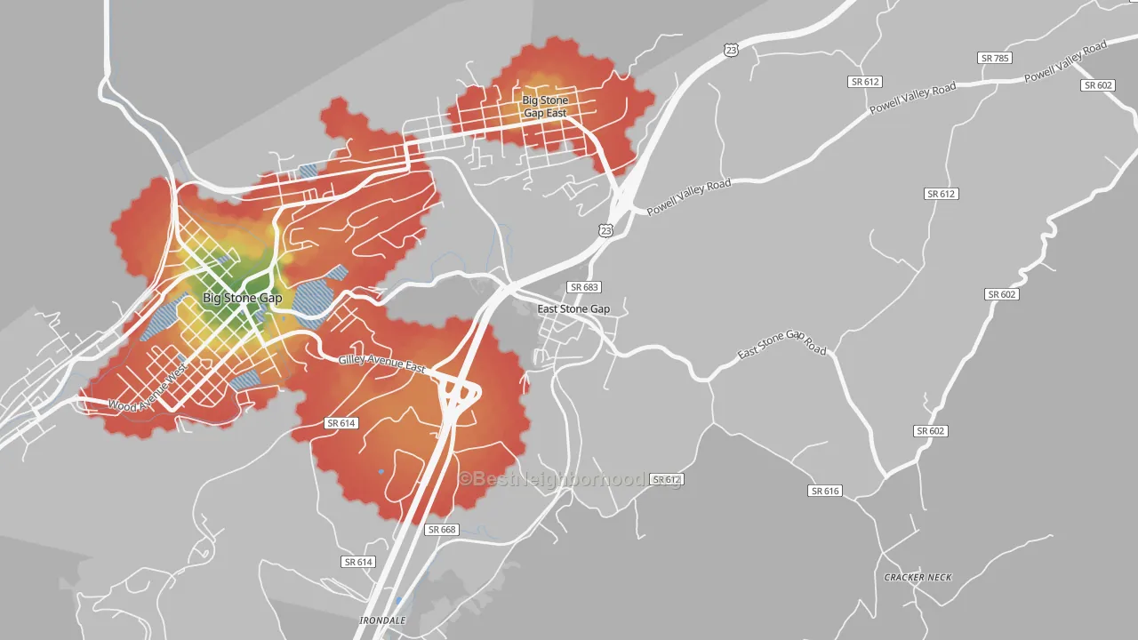 Walk Grade map of 24246, VA, walkable areas in green and car-dependent areas in red