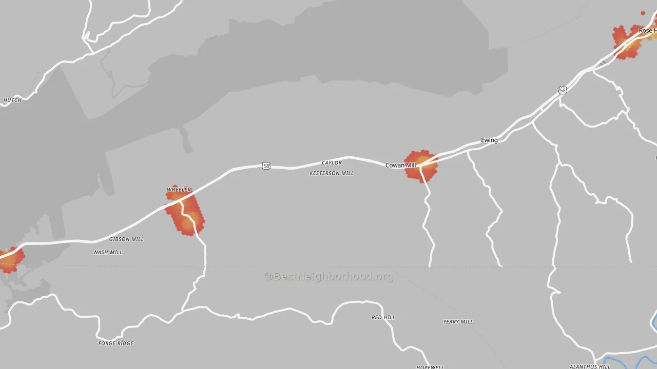 Walk Grade map of 24248, VA, walkable areas in green and car-dependent areas in red