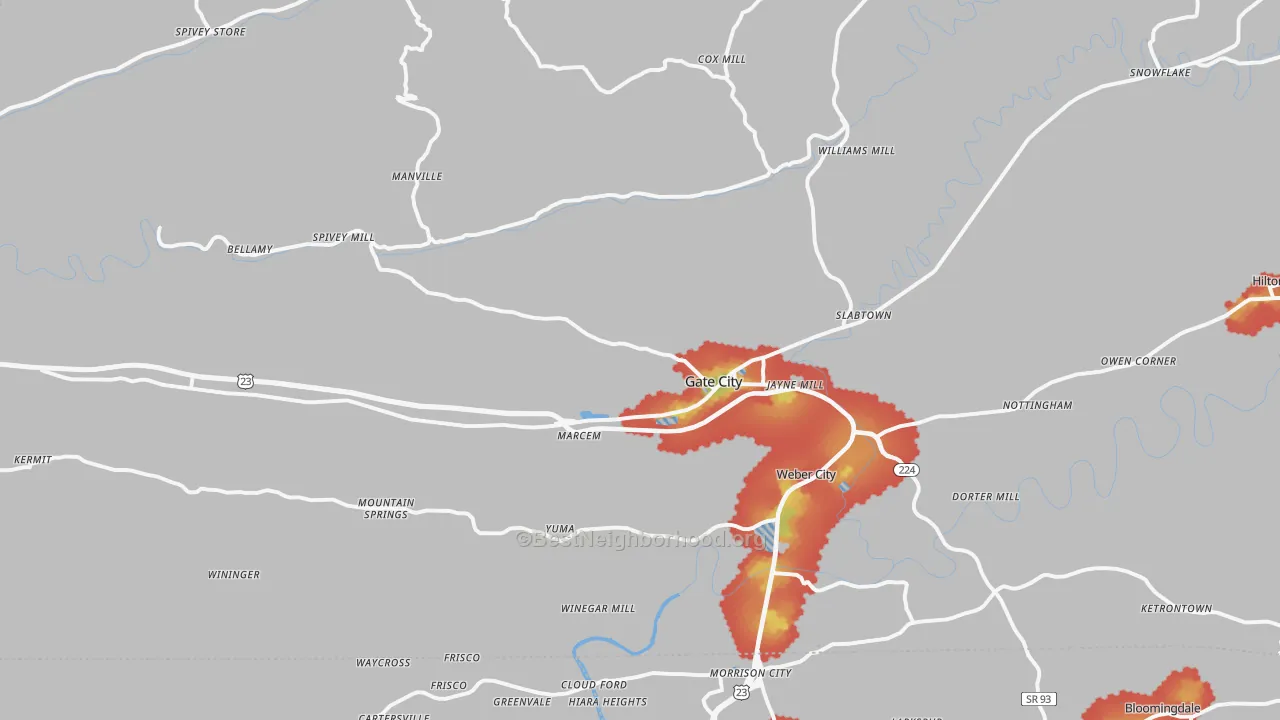 Walk Grade map of 24251, VA, walkable areas in green and car-dependent areas in red